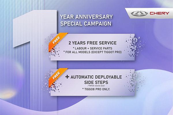 Chery Malaysia celebrates 1-year anniversary with 2-year free service and complimentary auto side steps